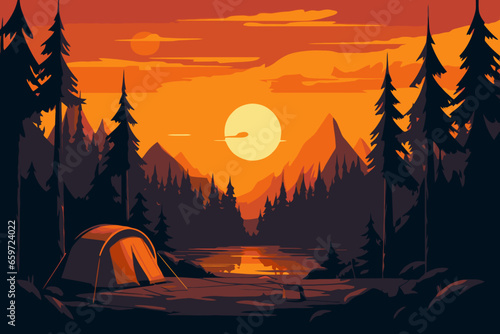 Camping and hiking in the mountains. Vector illustration in flat style