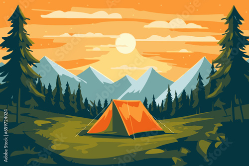 Camping and hiking in the mountains. Vector illustration in flat style © xxstudio