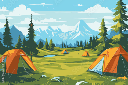 Camping and hiking in the mountains. Vector illustration in flat style
