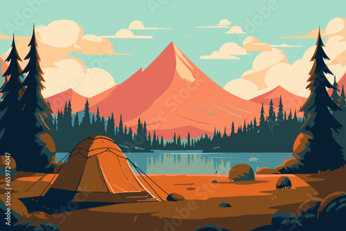 Camping and hiking in the mountains. Vector illustration in flat style