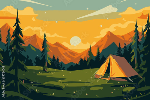 Camping and hiking in the mountains. Vector illustration in flat style