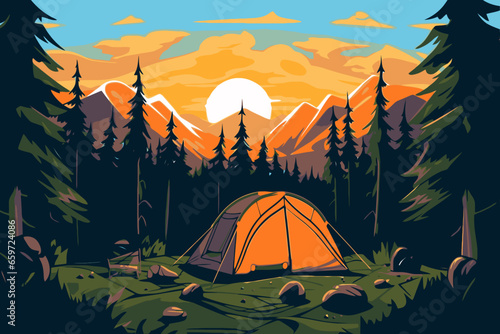 Camping and hiking in the mountains. Vector illustration in flat style