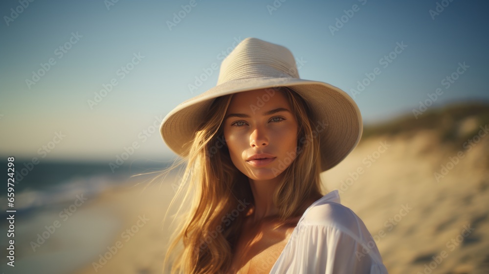 Young stylish woman in a straw hat on the beach. A woman during summer vacation. Beautiful fashionable girl relaxing on the beach.