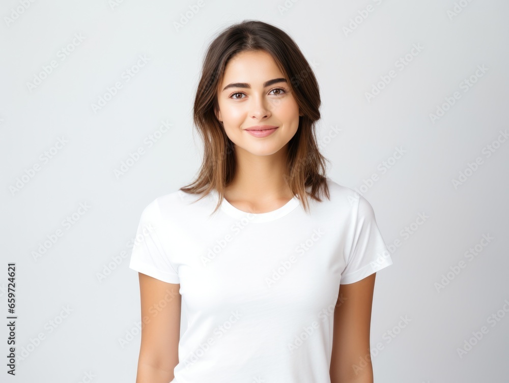 Nice young woman in a white T-shirt on a plain background. Nice young woman in a white T-shirt on a plain background.