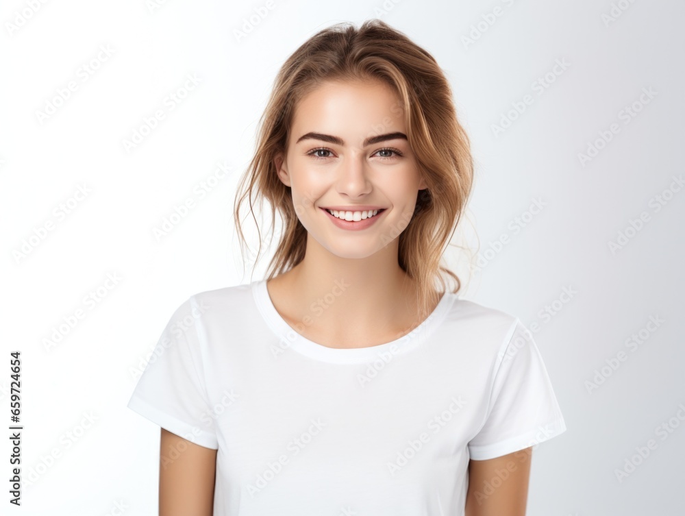 Nice young woman in a white T-shirt on a plain background. Nice young woman in a white T-shirt on a plain background.
