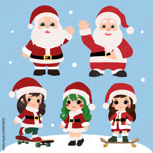 santa claus set.A set of Christmas characters, including Santa Claus and a Santa Girl playing skateboarding. © NumbleRay