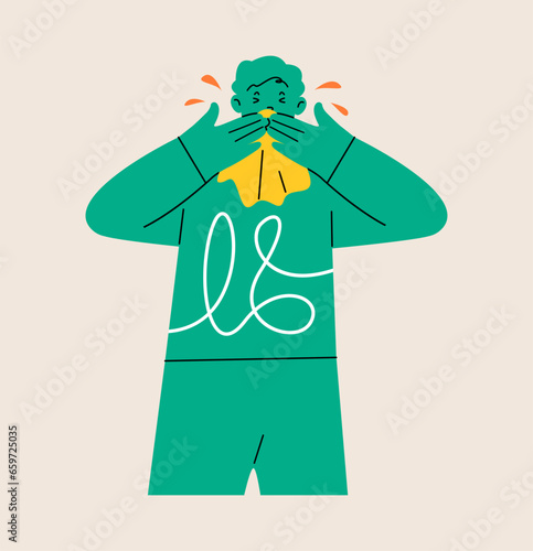 Young man with runny nose. Unhappy sick character with symptoms of a flu allergy. Colorful vector illustration