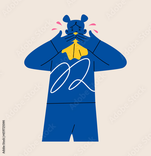 Young woman with runny nose. Unhappy sick character with symptoms of a flu allergy. Colorful vector illustration