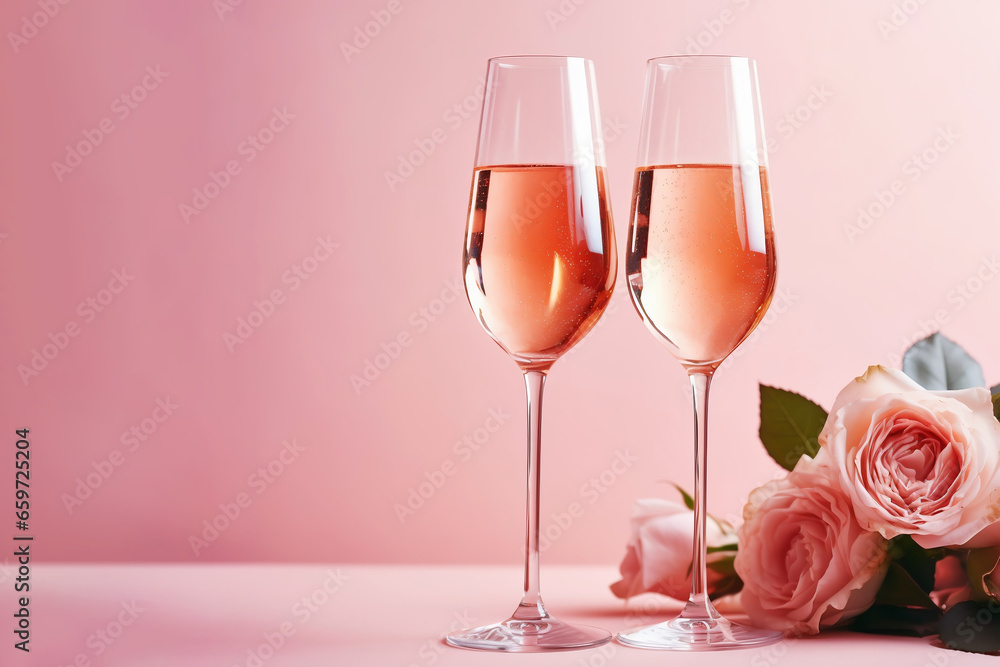 Two glasses of rose wine and roses on pink background, Valentine's day celebration, ai generated Two glasses of rose wine and roses on pink background, Valentine's day celebration, ai generated