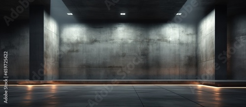 Night view of a lit abstract concrete room interior illustration and rendering