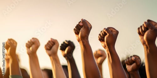 Group of multi ethnic people raising their fists up in the air