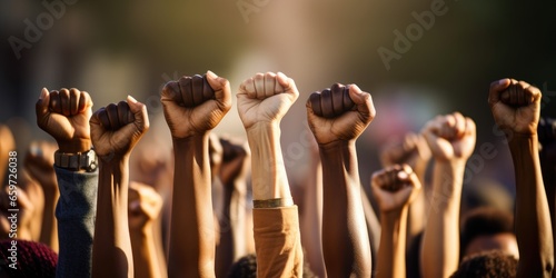 Group of multi ethnic people raising their fists up in the air photo