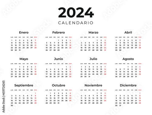 White 2024 calendar template in spanish