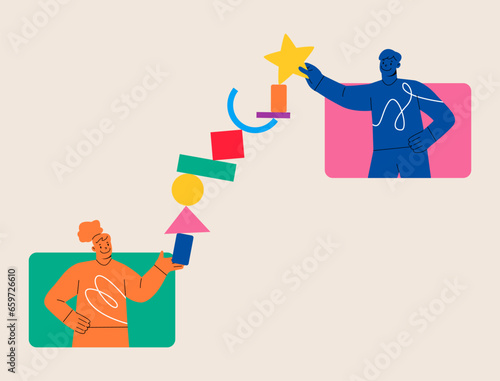 Man and woman arrange different geometric shape, success collaboration teamwork concept. Colorful vector illustration