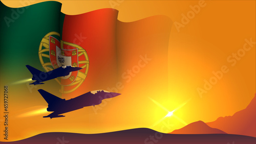 fighter jet plane with portugal waving flag background design with sunset view suitable for national portugal air forces day event
