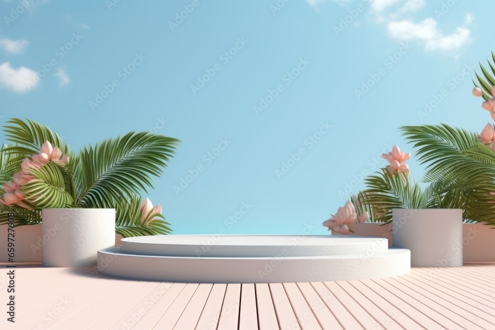 Fototapeta premium A podium, a pedestal, a stage for advertising cosmetics products. Summer podium, rest, vacation.