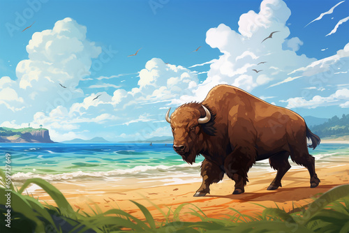 anime style background, a bison on the beach