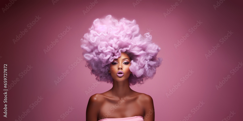 Horizontal banner. Female portrait. Beautiful young black woman with lush curly lilac hair on purple background. Concept of self care, cotton candy, beauty, skin care, cosmetics, joy. Generative AI