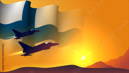 fighter jet plane with finland waving flag background design with sunset view suitable for national finland air forces day event