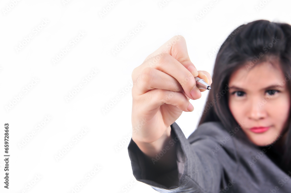 Young businesswoman writing something, on the screen isolated on white background. Young businesswoman writing something, on the screen isolated on white background.