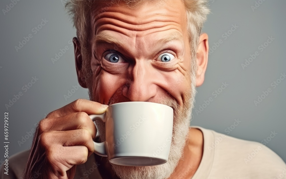 Funny excited looking middle aged man drinking a coffee Funny excited looking middle aged man drinking a coffee