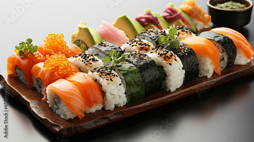 A sushi platter with an assortment of beautifully UHD wallpaper Stock Photographic Image