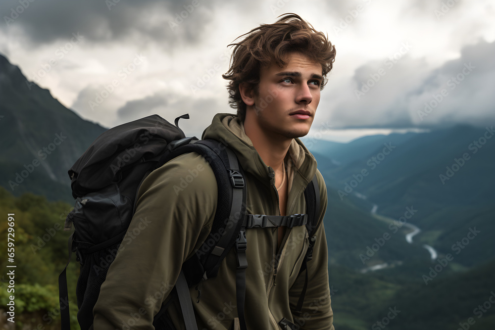 Young man with backpack hiking mountains Young man with backpack hiking mountains