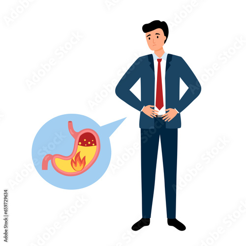 Businessman feel pain in stomach vector illustration. Stomach acid reflux disease and digestive system problem. Heartburn concept.