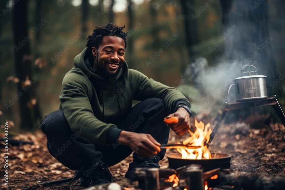 Escape from the bustle of the big city. Cheerful African American man brews coffee over a fire in the autumn forest. Travel and camping. Solitude in the forest with your thoughts. Escape from the bustle of the big city. Cheerful African American man brews coffee over a fire in the autumn forest. Travel and camping. Solitude in the forest with your thoughts.
