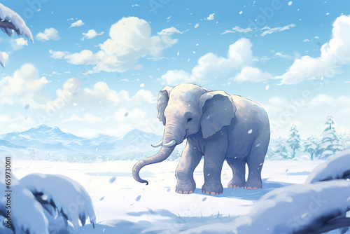 anime style background  an elephant in the snow