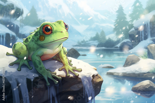 anime style background, a frog in the snow