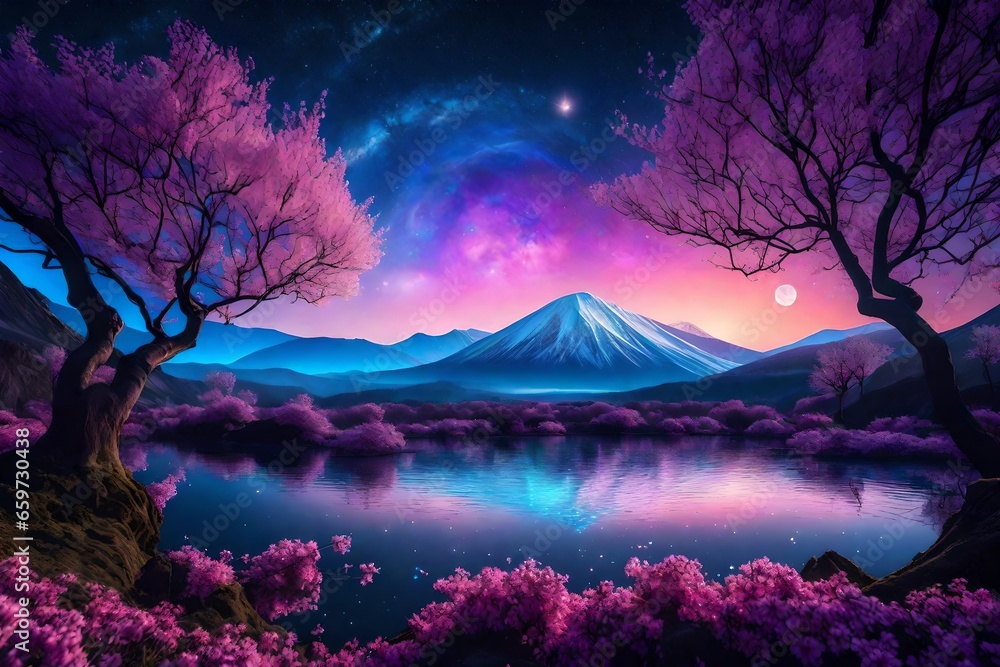 A peaceful magical landscape, galaxy sky night, moon, glowing elements - AI Generative