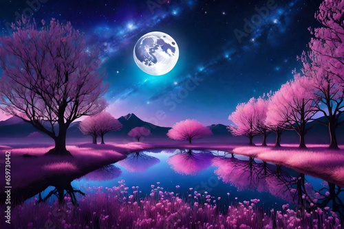 A peaceful magical landscape, galaxy sky night, moon, glowing elements - AI Generative © Naila