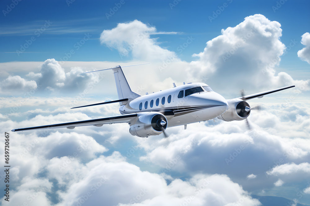 small private jet flying in the blue sky with clouds small private jet flying in the blue sky with clouds