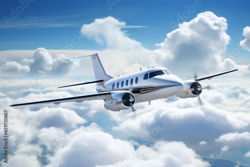 small private jet flying in the blue sky with clouds