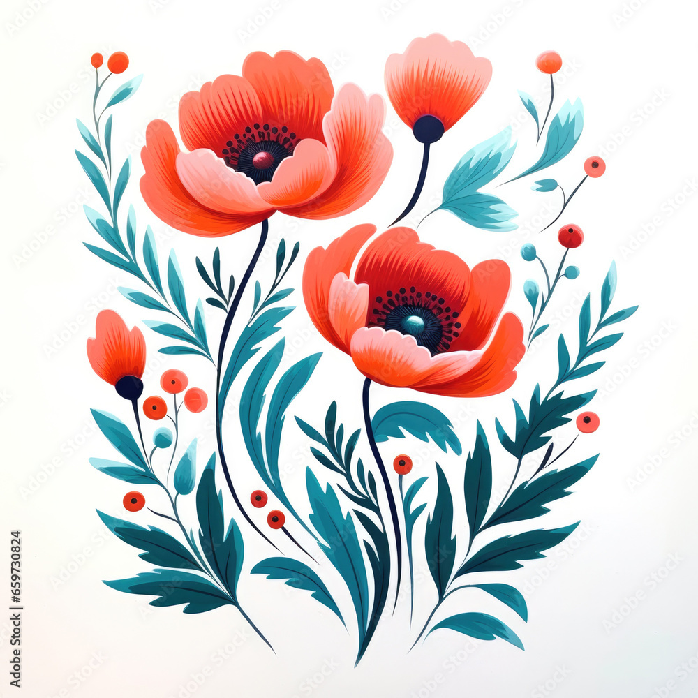 Red flowers in a beautiful isolated simple watercolor gouache illustration on watercolour paper texture