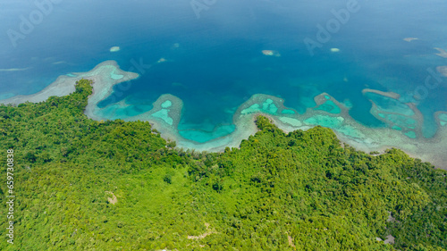 Aerial view of tropical bay and lagoons with turquoise water. Borneo  Sabah  Malaysia.