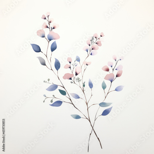 Violet flowers in a beautiful isolated simple watercolor gouache illustration on watercolour paper texture