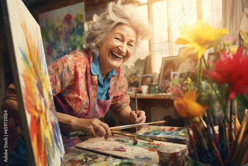 woman smiling while painting at a studio