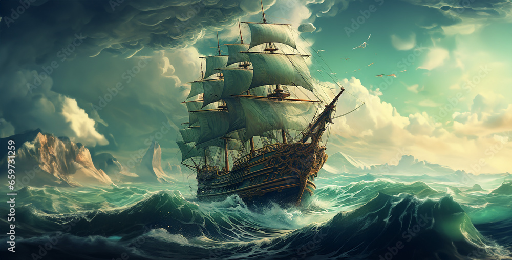 Fototapeta premium pirate ship in the sea, pirate ship in the ocean, pirate ship sailing. Generative Ai content