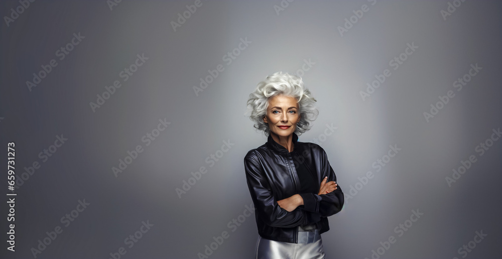 Elderly woman wearing a black leather jacket and white pants standing with her arms crossed in front of her, background is gray Elderly woman wearing a black leather jacket and white pants standing with her arms crossed in front of her, background is gray