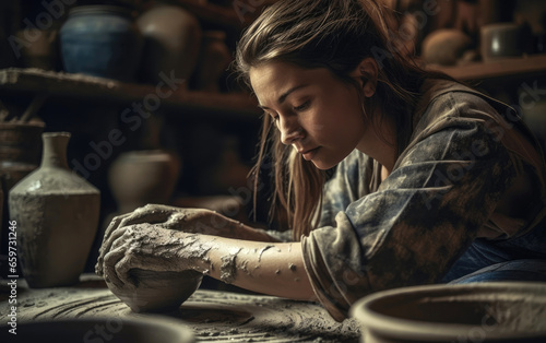 Potter working in pottery workshop