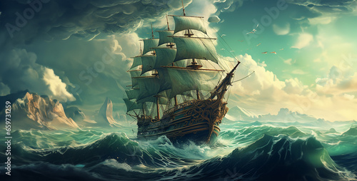 pirate ship in the sea, pirate ship in the ocean, pirate ship sailing. Generative Ai content