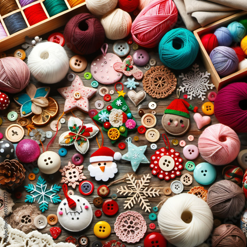 Photo of a crafting table covered with materials like colorful yarn, buttons, felt, and lace. Handmade Christmas ornaments of various designs are scattered around, showcasing the DIY spirits