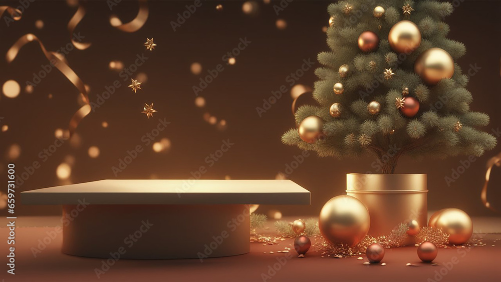 Christmas 3d scene with red and gold podium platform Christmas 3d scene with red and gold podium platform