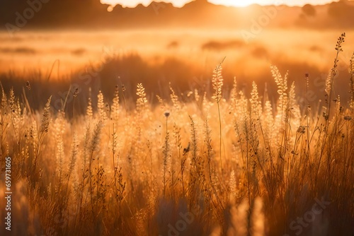 Abstract warm landscape of dry wildflower and grass meadow on warm golden hour sunset or sunrise time - AI Generative