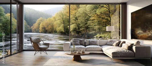 Modern living room with and view of brook