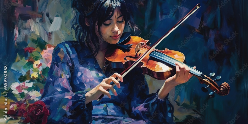 A Women Musician Playing with Exquisite Care Violin Painting Abstract Art Background