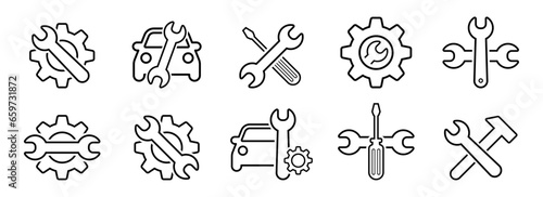 Car repair tools vector icons- screwdriver, wrench, hammer, gear, spanner, bolt in black outline. Automobile service and repair machinery and equipment icon set line art.