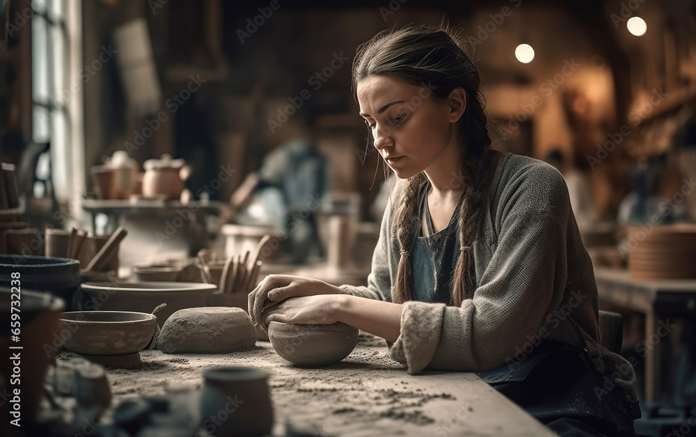 Potter working in pottery workshop Potter working in pottery workshop